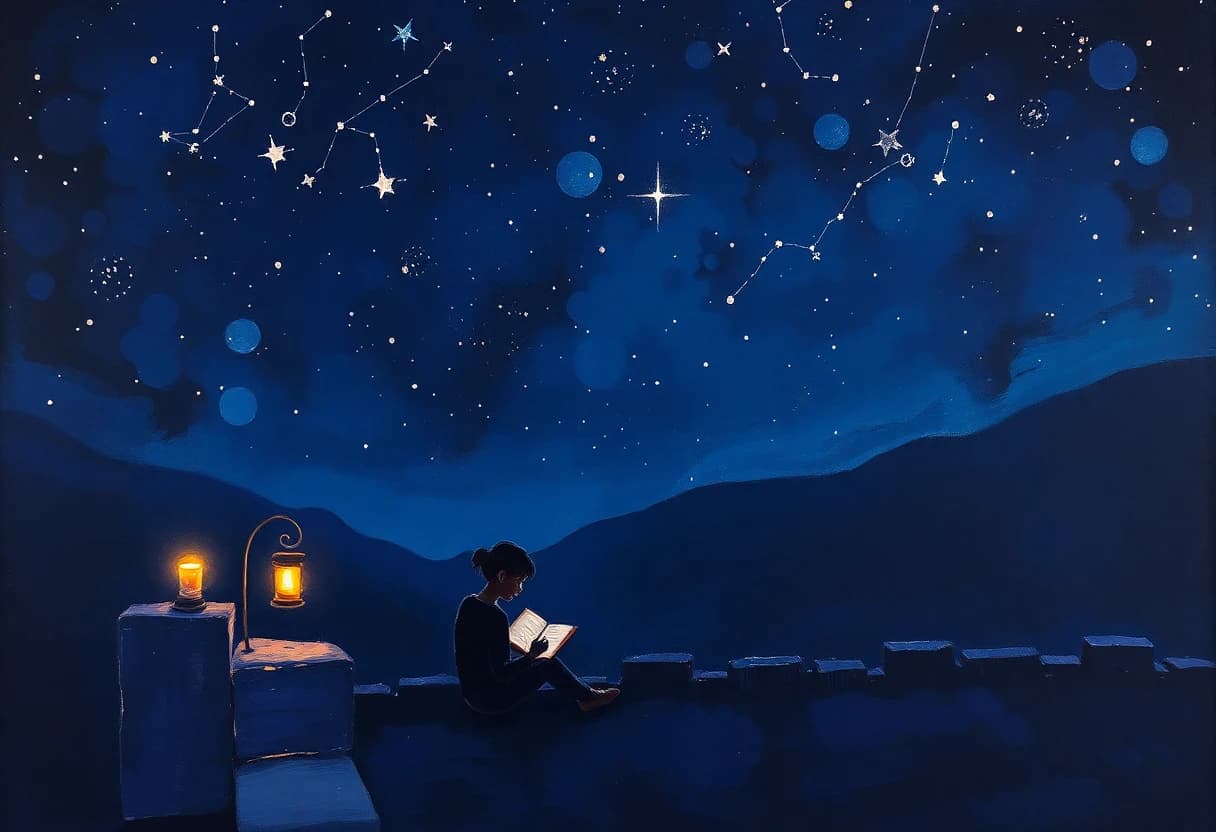 Painting of a person journaling under a starry night sky