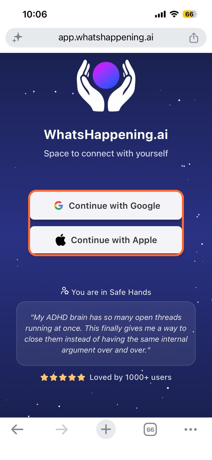The WhatsHappening sign-in screen, with the Continue with Google and Continue with Apple buttons highlighted