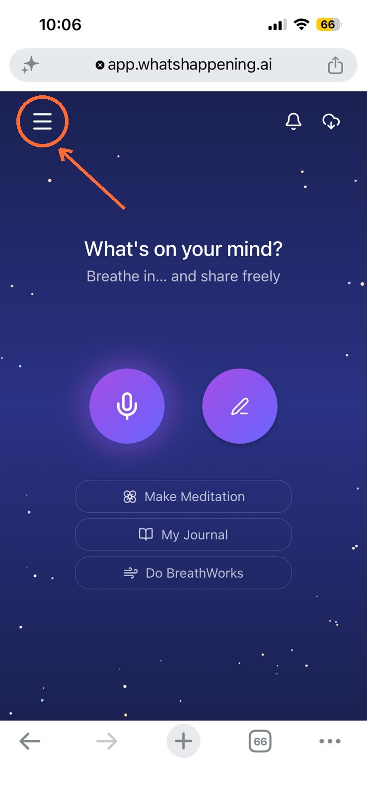 The WhatsHappening home screen with the hamburger menu icon in the top-left circled