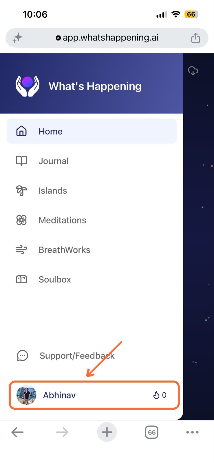The slide-out menu with the profile row at the bottom highlighted