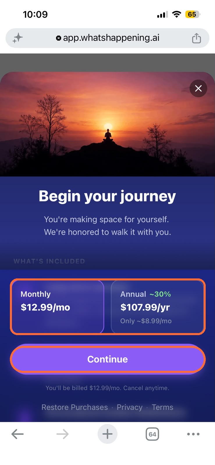 The plan selection screen with the Monthly and Annual cards and the Continue button highlighted