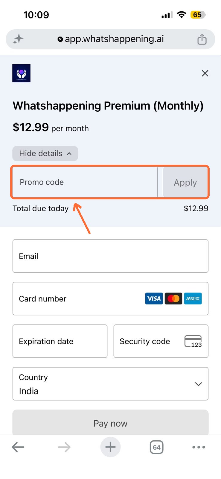 The checkout page with the Promo code field and Apply button highlighted